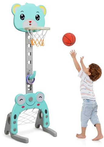 HOMASIS 3 in 1 Kinder Basketballkorb Set, multifunktional Basketballständer mit Fußballtor & Ringwurf im Tierform, höhenverstellbar Basketballkorb mit Ständer inkl. Bälle & Ringe (Blau)