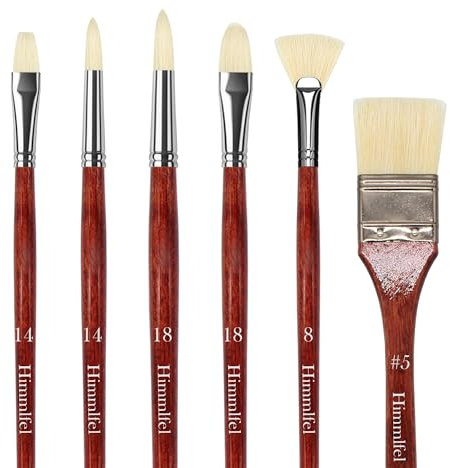 Himmlfel Pinceles óleo, 6 Pincel Chungking Hog Bristle para óleo, acrílico，Gouache, Incluye Redondo, Filbert, Planos, Abanico y Planos Anchos. Ideales para Principiantes y Artistas (6, Grande)