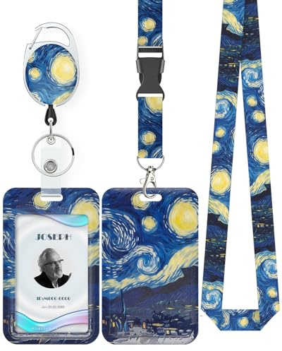 Uniclife Porta Tarjetas Identificativas La Noche estrellada Portatarjetas de Plástico Retráctil Mosquetón Cordón Desmontable Protector Vertical Tarjetas Empleados Oficina Enfermera Estudiante
