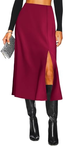 Jupe midi en satin avec fente latérale pour femme - Taille haute élastique - Imprimé léopard - Jupes longues en soie pour femme