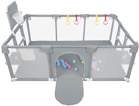 XUANYU Parque Bebe Modulable, Parques Infantil 180x120x66cm, Barrera de Juegos Bebé, Parque Bebé de Tela Oxford, 4 Anillos de Prehensión, 8 Ventosas, 50 Pelotas y Cesta de Baloncesto (Gris)