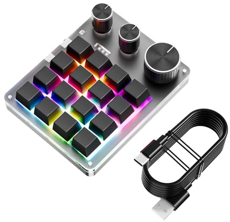 Sxhlseller Programmerbart Makrotangentbord, 16 Tangenter Enhandstangentbord med Volymkontroll för Surfplatta, PC, 3 Vred, USB Wired BT Mode (BLACK)