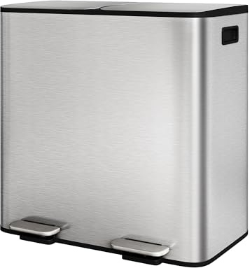 GarveeHome Mülleimer Küche, 2 x 40 L, Mülltrennsystem 2 Fächer, Edelstahl-Tretmülleimer mit Seitlichem Griff, Soft-Close-Deckel, für Recycling & Biomüll, herausnehmbare Inneneimer, Edelstahlfarbe