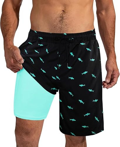 XiaoMoSha Mens Swimming Shorts Men's Swim Trunks with Compression Liner 2 in 1 Board Shorts for Surf Beach Quick Dry, M, Black