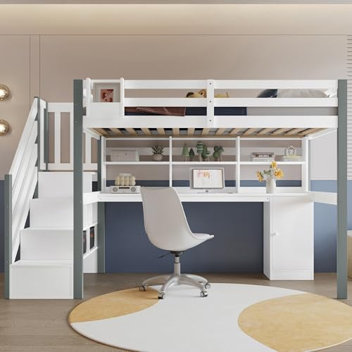 Lit superposé enfant 90x200 avec Protection Anti-Chute, lit Mezzanine avec Bureau,lit Enfant avec escalier rangements, sommier à Lattes, pour Enfants, adolescents, sans Matelas (Blanc-45K, 90x200cm)