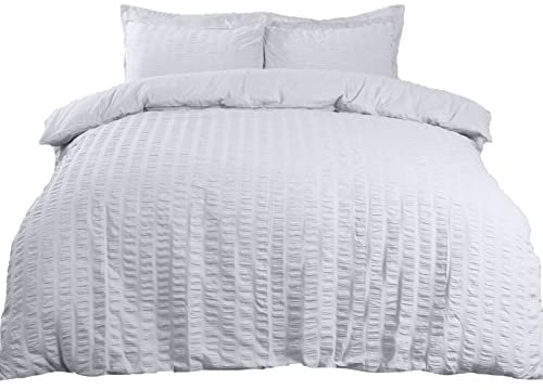 Highams White Double Duvet Set Seersucker, Super Soft Cosy Warm Luxurious Plain Dye Textured Ruffled Seersucker Double Quilt Cover Set with 2 Pillowcases