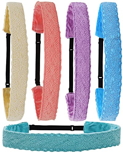 FROG SAC 5 Lace Headbands for Girls, Adjustable No Slip Stretch Elastic Girl Headband, Dressy Pastel Lacy Headwraps, Cute Plain Solid Color Hair Accessories for Kids Easter Basket Stuffers