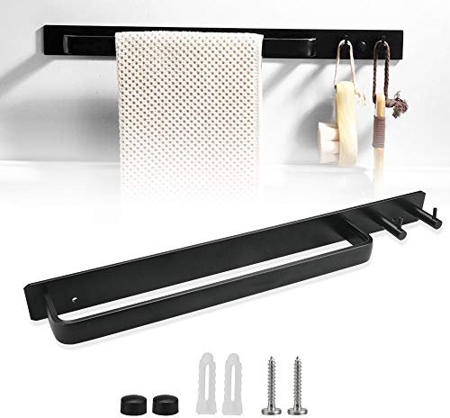 AFASOES Handtuchhalter 40cm Handtuchstange Schwarz Gästehandtuchhalter Bohren Badetuchhalter Wandmontage Handtuch Halterung mit 2 Haken Handtuchablage Aluminium Wandhandtuchhalter für Badezimmer Küche
