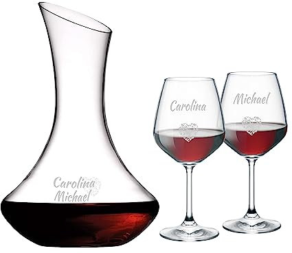 MASTERLASER3.0 Set 2 personalisierten Weingläsern und Dekanter - Gravierte Rotweingläser und Karaffe - Personalisierbar mit Namen Initialen und Datum. Beste Geschenkidee (Dekanter Set+2 roten Gläser)