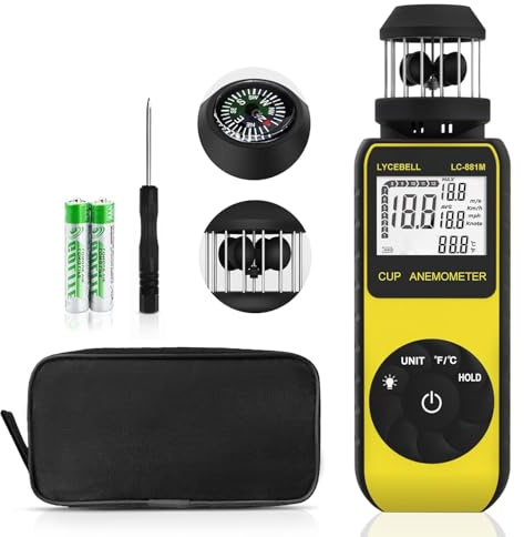 ‌Anemometro Digitale Portatile LC-881M, Misuratore di Velocità del Vento e Temperatura con Bussola Integrata, 360° Direzione Vento per Esterni, Droni, Nautica, Surf, Pesca, Montagna‌