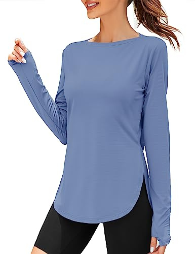 ZHENWEI Workout Tops for Women Long Sleeve Sun Shirt SPF 50+ UV Protection Outdoor Running Gym Clothes Side Slit (Steel Blue, Medium)