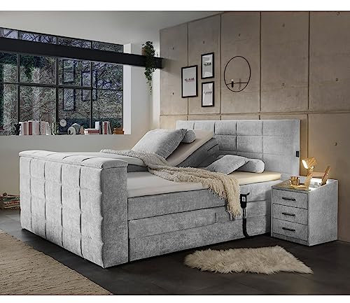 Lomadox Boxspringbett 180x200 cm elektrisch verstellbar mit TV-Halterung | Doppelbett in grau mit Härtegrad H2