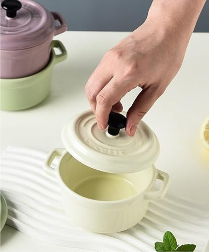 Mini Cocotte Blanche Céramique Double Poignées avec Couvercle 13,5cm x 8cm Contenance Moule 200ml Ramequin Résistant Haute Température Four pour Petits Plats (Blanc)