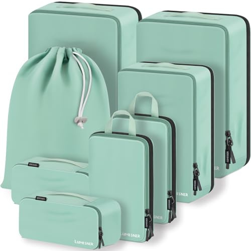 Cubi di Imballaggio a Compressione, Lumesner Set di 8 Cubi da Viaggio per Valigie a Mano, Set di Borse Organizzatore per Valigie a Compressione & Cubi da Viaggio (8 pezzi, Verde)