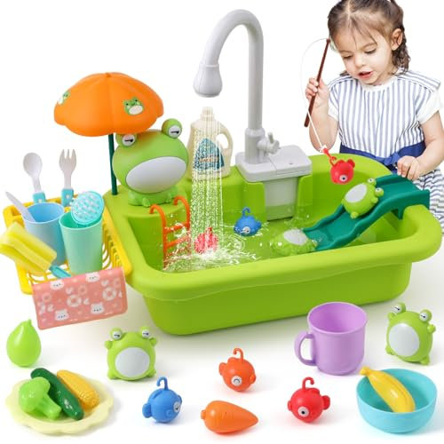 FRUSE Kinderwaschbecken Spielzeug,Spielspüle Spielzeug mit Elektrischen Wasserhahn,Spielzeugzubehör für die Spielküche,Wasserspielzeug,Angelspielzeug,Waschbecken für Kinder ab 3 Jahre(Grün)