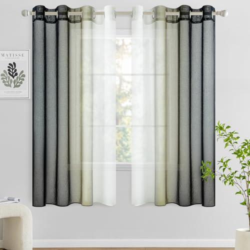 Woaboy Cortina Corta Ventana Translúcida Visillo Dormitorio con Ojales Moderno Decorativas Poliéster Visillos Degradado Gradiente para Habitación Salon 2 Piezas 140x145cm Negro