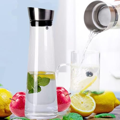 Tundwhite Caraffa in vetro, caraffa per acqua, brocca in vetro, con coperchio e manico per acqua, latte, succo e limonata, 1 litri, Tundwhite-GZH01