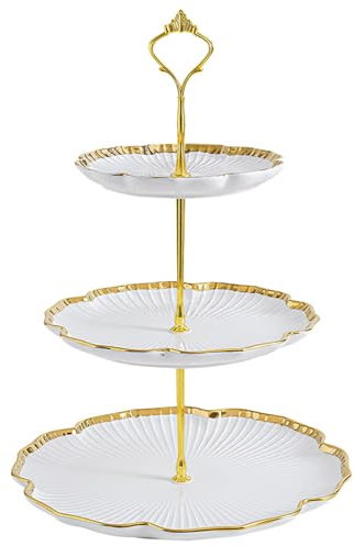YBCPACK 3 Tier Ceramic Cake Stand, White Flower Shaped Tiered Tray Cupcake Stand, 3 Tier Round Porcelain Dessert Stands for Afternoon Tea, Wedding, Birthday Party, Baby Shower