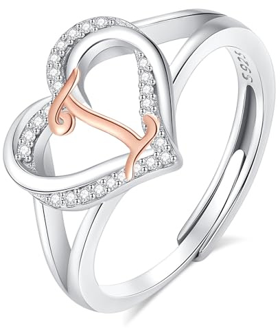 INFUSEU Anillo Iniciales, Plata de Ley 925 Anillos Abiertos Letras I Forma Corazón Nombre Inicial Alfabeto A-Z Joyería Personalizada Ajustable Regalos para Mujeres Damas Niñas