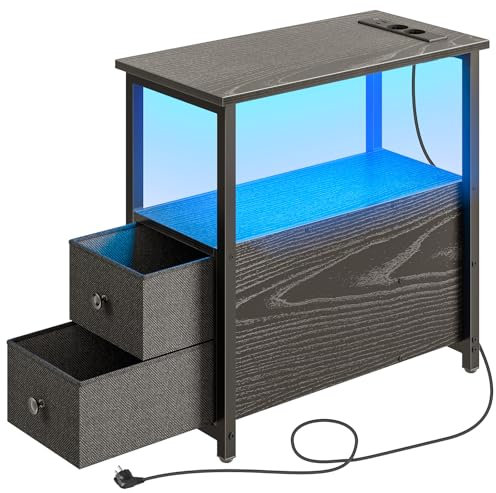 Rolanstar Nachttisch Schmaler mit Steckdosenleiste, Beistelltisch mit 2 Schubladen, Sofatisch aus Holz für kleine Räume, Wohnzimmer, Schlafzimmer, 58L x 28B x 60H cm