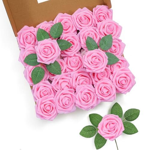 LEUCHTAMOR 25Pcs Artificial Roses Flowers Pink Fake Roses Real Touch Foam Rose Heads for Wedding Bridal Bouquets Centerpieces Floral Arrangement Party Home Decoration