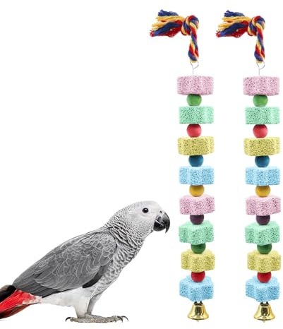 Dnoifne Juguete de Masticación para Aves, 2 Unidades, Piedra de Calcio con Campanas, Accesorio para Jaulas de Cacatúas, Periquitos, Loros, Agapornis, Hámsters y Conejos