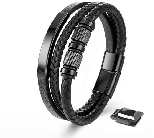 Fantocemea Bracelet En Cuir Noir Pour Homme Bracelet Tissé En Cuir VéRitable Fermoir Magnétique Acier Inoxydable Cadeau Fete Des Peres 23CM