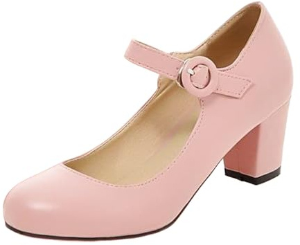 Mary Jane skor dam höga klackar pumps klackskor läder bröllopsskor med blockklack brudskor festklänning skor damskor eleganta och bekväma traditionella skor aftonskor halvskor, ROSA, 43