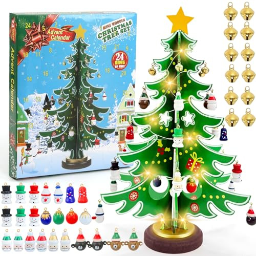 Calendrier de l'Avent 2025 - Sapin de Noël en bois avec 36 pendentifs et guirlande lumineuse LED - Compte à rebours de 24 jours - Mini sapin de Noël - Décoration de table - Cadeau pour garçons et