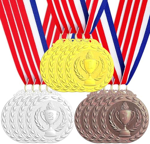 Santme 12 pezzi medaglie in metallo, oro argento bronzo medaglie premio vincitore medaglie per bambini vincitori concorsi decorazioni feste stile olimpico con collari