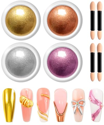 BISHENGYF 4 polvos cromados para uñas, color plateado, dorado, cromado, polvo de cromo para uñas, polvo metálico brillante para colgantes de uñas, diseño de uñas (rosa, plata, oro, naranja)