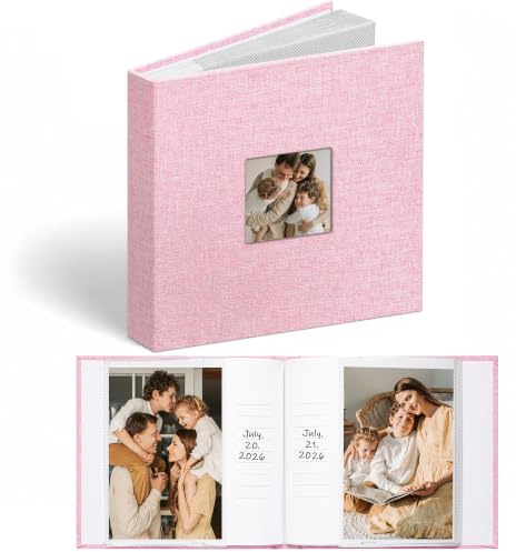 Vienrose Linen 6x4 Photo Album with Cover Window 48 Pockets, Pink | linen cover, memo writing space, acid free pages, fits wedding family baby occasions, memory book