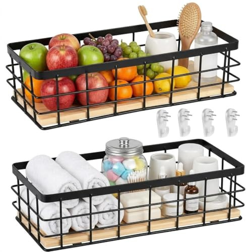 Cesta de alambre, cesta de metal, cesta de almacenamiento de metal para baño, cesta de pared para el hogar, para cocina, despensa, fruta, aperitivos, negra, 2 piezas, 29x13x10 cm