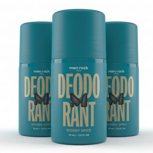 Men Rock Antiperspirant Roll-On Deodorant Set of 3 – Long-Lasting Sweat & Odor Protection, Hydrating & Skin-Friendly Formula, Woody Spice Scent, 3 × 75ml