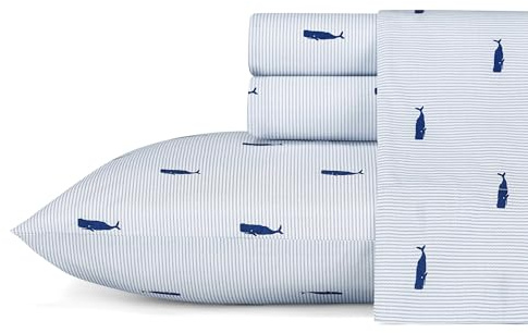 Nautica Cotton Percale Bedding Set, Crisp & Cool, Lightweight & Breathable, 100%, Whale Stripe Blue/White, Twin