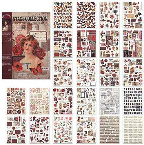 NOGAMOGA Vintage Washi Sticker für Scrapbooking, Journaling-Zubehör Ephemera Aufkleber Buch, Set mit 24 Blättern, 17 cm × 24 cm - Rot