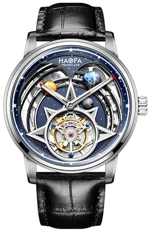Haofa Automatic Tourbillon Watch for Men 3D Planet Universe Luminous Flying Tourbillon Watch Automatic Mechanical Watch 2268, blue, Strap.