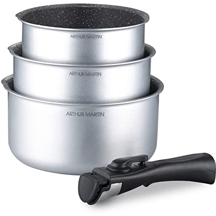 Arthur Martin AM777S Set de 3 Casseroles avec revethement anti adhérent Aluminium Poignée amovible Tous feux dont induction