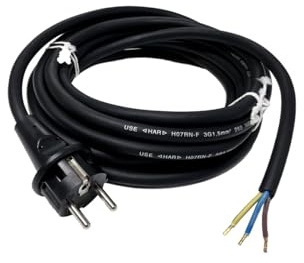 Handelskönig Gummi-Anschlussleitung H07RN-F 3x1,5 mm² in schwarz, eine Seite mit Schutzkontaktstecker, andere Seite ca. 30 mm abgemantelt mit Aderendhülsen - 5 m