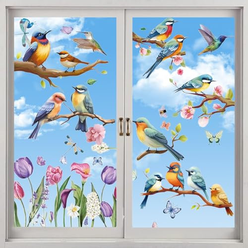 Pegatinas de Ventana de Primavera,9 Hojas Pegatinas de Ventana de Pájaros Ventana de Anticolisión Pegatinas Adhesivos Pegatinas Pájaro Mariposas Flores Calcomanías, para Ventanas Cristales Adhesivos