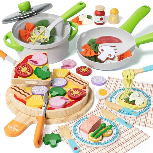 Lehoo Castle Pizza Kinderküche, Spielküche Zubehör Holz Pizza & Stoff Pasta, Spiellebensmittel, Küchenspielzeug, Rollenspielzeug, Geschenke 3 4 5 Jahre Mädchen Junge Holzspielzeug