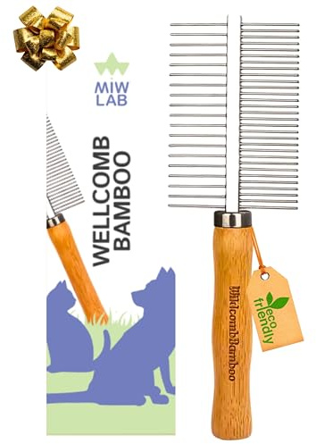 Peigne Dents Doubles Arrondies de Toilettage pour Animaux de Compagnie | Brosse Acier Inoxydable et Manche Ergonomique en Bois de Bambou | Démêlage Anti-casse | Brosse Éco pour Chien et Chat (17x5cm)