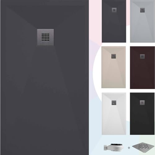 SOULBATH Plato de Ducha - Resina - Textura Liso Seda - Antideslizante - Color Antracita - 90x70- Extraplano - Gel-Coating® - Incluye Válvula desagüe+Rejilla