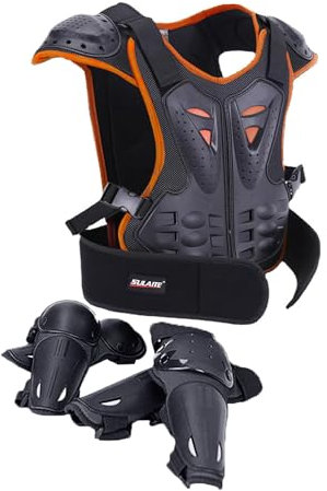 Tuta da moto per bambini, leggera, con protezioni per petto, schiena, gomiti, ginocchia, per motocross, BMX, ciclismo, fuoristrada, sport all'aria aperta, 5 pezzi (arancione, M)