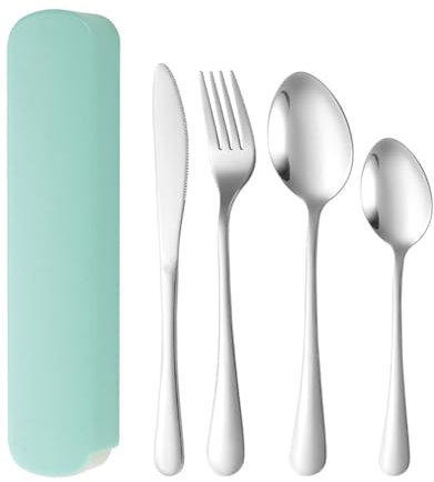 ZEXIJOW Lot de 4 ustensiles de voyage avec étui,Couteau,Fourchette,Cuillère, petite cuillère à café,Pour voyage,Pique-nique,Bureau,École,Boîte à lunch portable,Lavable au lave-vaisselle