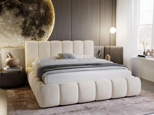 GRAINGOLD Lit Cloud 200x200, Rembourré avec Coffre de Rangement, Lit Double, Tissu en Velours, avec Sommier à Lattes, avec Tête de Lit, sans Matelas (Beige, 200x200)