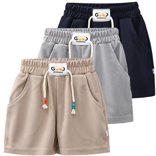 Coralup Little Boy Shorts Summer Athletic Running Short Kid Outdoor Sports 3 Pcs Navy+Gray+Khaki 6-7Years