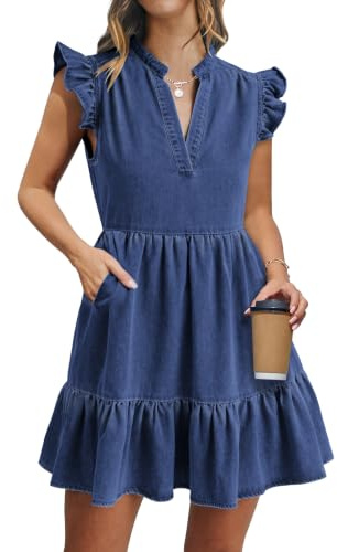 Fengbay Denim Dresses for Women V Neck Ruffle Sleeveless Jean Dress