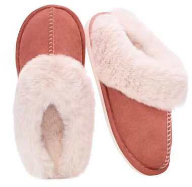 Auranso Ladies Slippers Fluffy Lined Warm Slippers Women Non Slip Cosy House Shoes for Indoor and Outdoor , Red, 5/6 UK