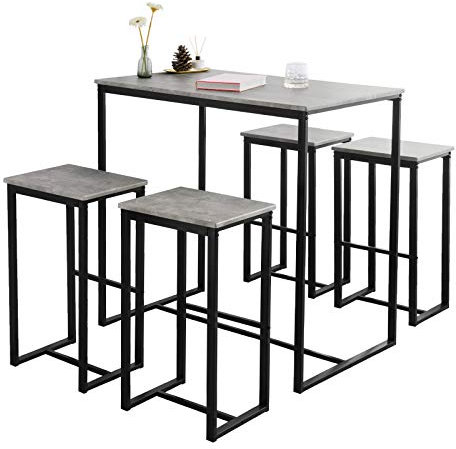 SoBuy Esstisch mit 4 Stühlen Küchentisch Bartisch Set Essgruppe platzsparender Stehtisch mit 4 Barhockern für Küche, Esszimmer & kleine Räume pflegeleicht Grau 100x60x96cm Hockerhöhe 67cm OGT15-HG